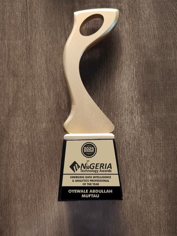 Nigeria Technology Awards 2025 gold trophy engraved with Oyewale's name