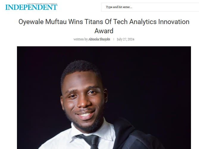 Screenshot of the Independent article: Oyewale Muftau wins Titans of Tech Analytics Innovation Award