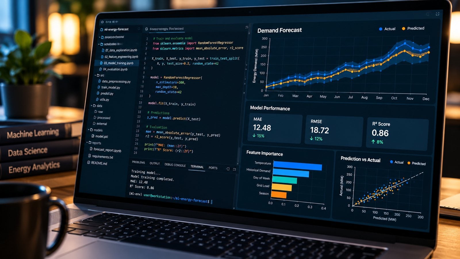 Laptop showing Python machine learning code beside an energy demand forecast, model performance scores and feature importance