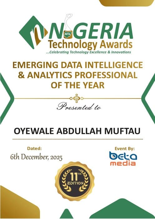 Nigeria Technology Awards certificate naming Oyewale Abdullah Muftau Emerging Data Intelligence and Analytics Professional of the Year