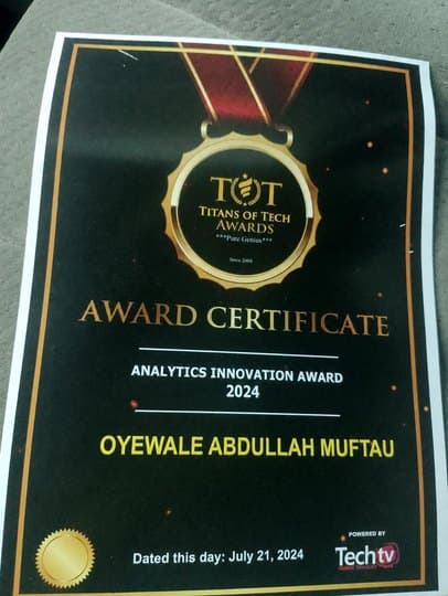 Titans of Tech Awards certificate for the Analytics Innovation Award 2024, presented to Oyewale Abdullah Muftau
